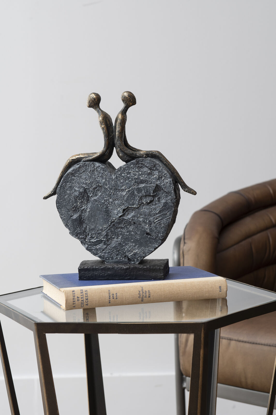 Antique Bronze & Stone Couple Love Heart Sculpture